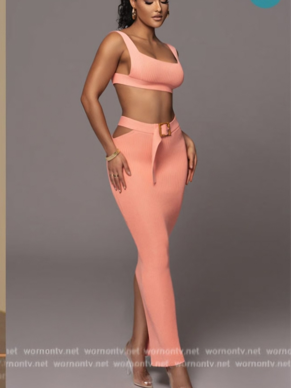 JLUXLABEL Peach Ribbed High-Waist Cutout Maxi Skirt with Belt